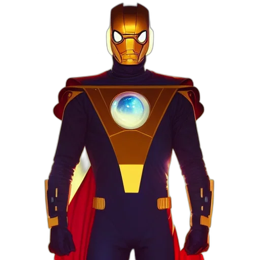 robot, mask, concept art, comic book art, 3d render, golden, space, powered transparent PNG cut-out