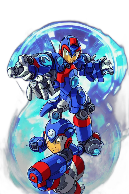 robot, weapon, concept art, pixel art, comic book art, 3d render, blue, boss transparent PNG cut-out