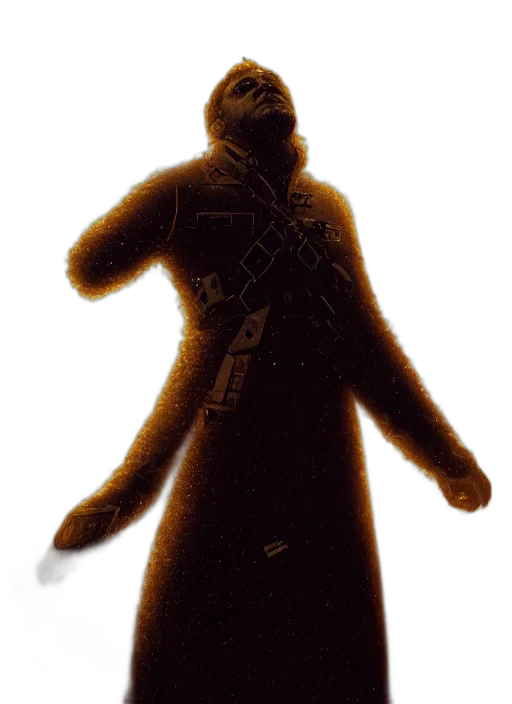 jacket, staff, mask, creature, concept art, 3d render, pixel art, photorealistic transparent PNG cut-out