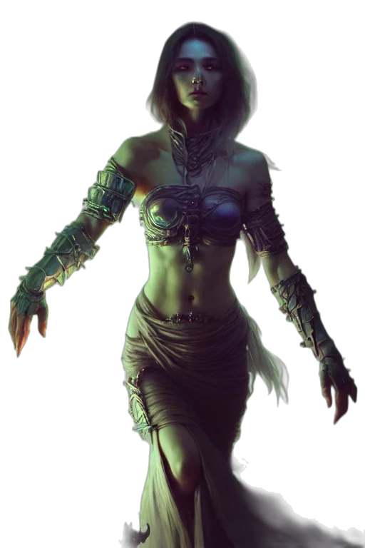 creature, dress, jewelry, staff, fantasy art, concept art, cyberpunk, comic book art transparent PNG cut-out