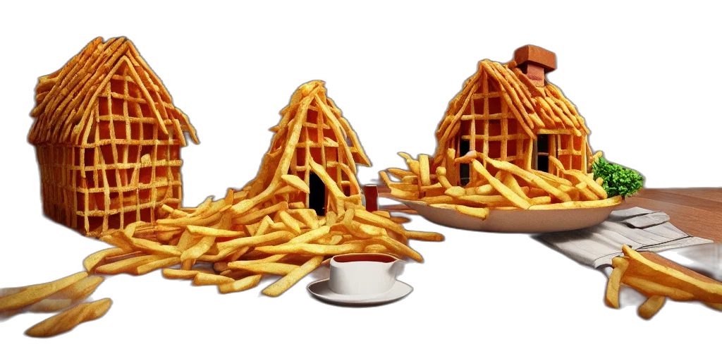 food, 3d render, photorealistic, concept art, house, made, french, fries transparent PNG cut-out