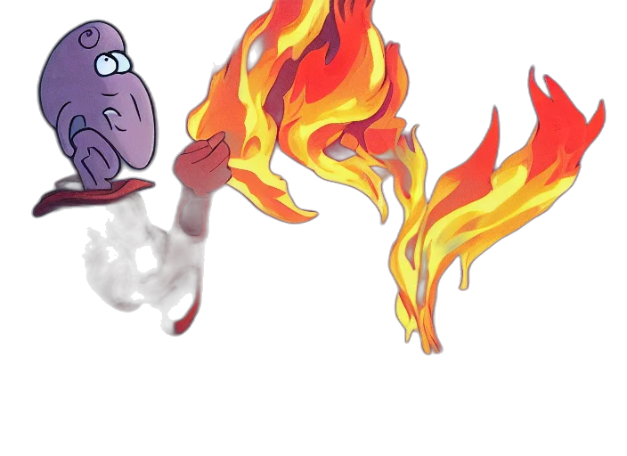 concept art, pixel art, 3d render, cartoon, fire, outer space, squidward, wearing transparent PNG cut-out