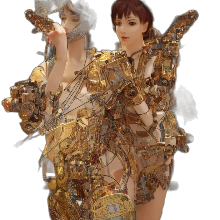 robot, dress, weapon, concept art, cyberpunk, fantasy art, pixel art, golden transparent PNG cut-out