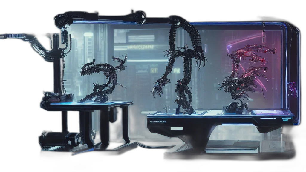 robot, concept art, cyberpunk, 3d render, neon lights, outer space, bladerunner, complex transparent PNG cut-out