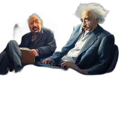 concept art, cartoon, photorealistic, outer space, einstein, stephen, hawking, sitting transparent PNG cut-out