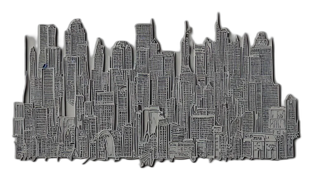 building, 3d render, concept art, comic book art, cartoon, city street, monochrome, paper transparent PNG cut-out