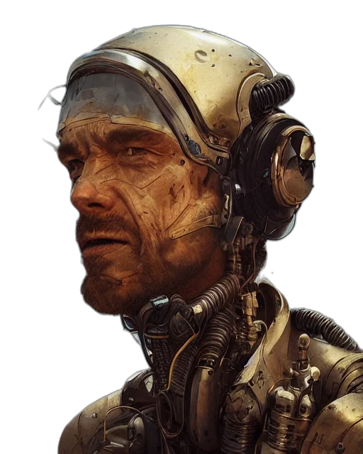face, robot, mask, staff, concept art, cyberpunk, photorealistic, comic book art transparent PNG cut-out