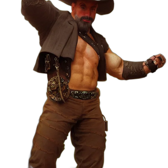 hat, staff, jacket, weapon, concept art, photorealistic, 3d render, steampunk transparent PNG cut-out