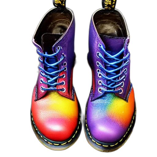 shoes, cyberpunk, photorealistic, colorful, battered, old, pair, martens transparent PNG cut-out