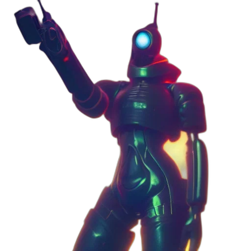 robot, weapon, staff, jacket, 3d render, concept art, cyberpunk, vaporwave transparent PNG cut-out