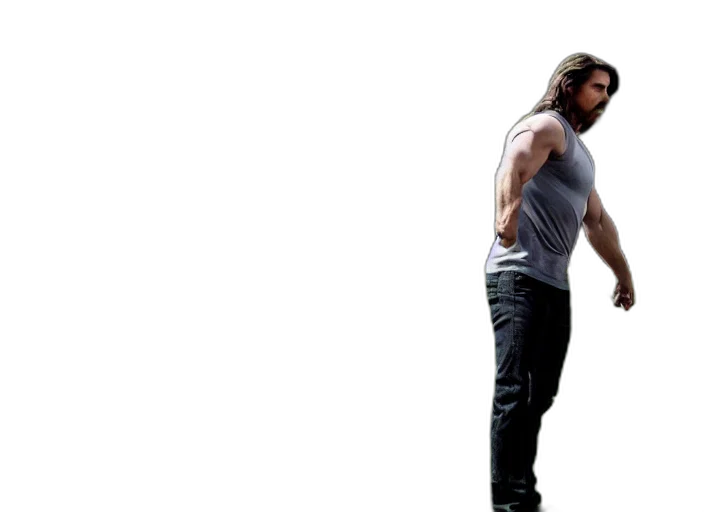 sword, hair, concept art, photo, still, christian, bale, touching transparent PNG cut-out