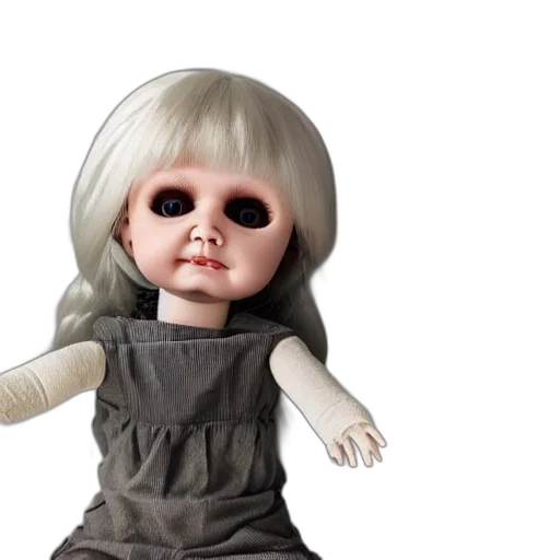 3d render, concept art, photorealistic, creepy, doll, sitting, shelf, staring transparent PNG cut-out