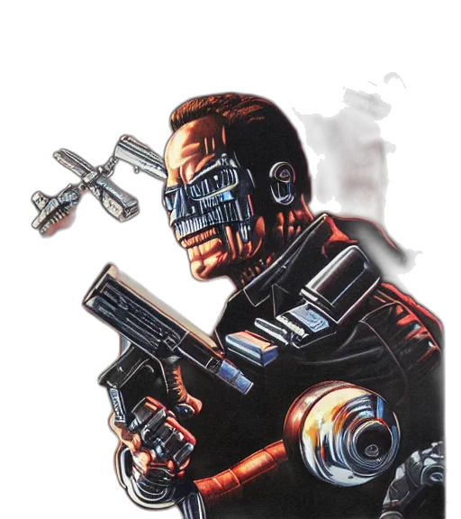 robot, weapon, staff, concept art, cyberpunk, comic book art, pixel art, retro transparent PNG cut-out