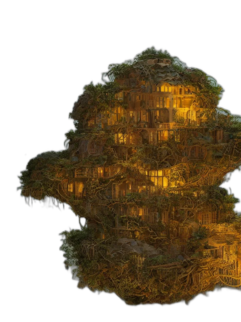 building, tree, crown, face, concept art, fantasy art, pixel art, 3d render transparent PNG cut-out