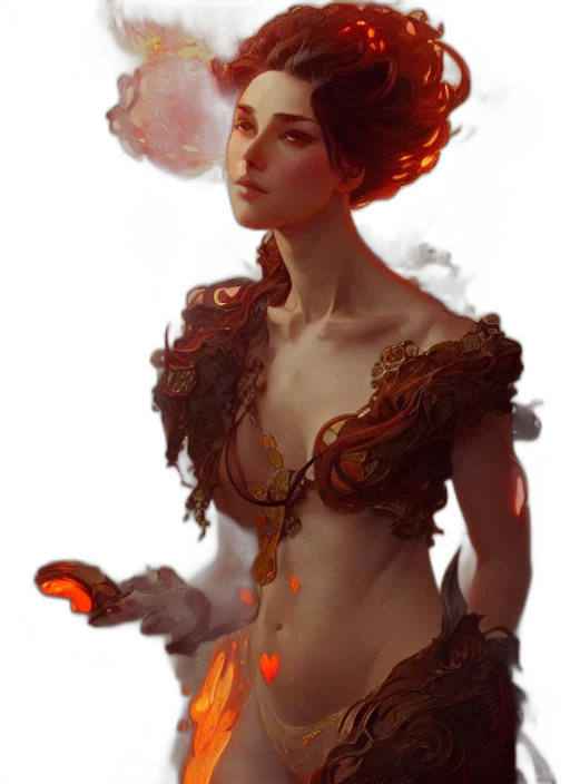 dress, crown, fantasy art, concept art, comic book art, photorealistic, fire, red transparent PNG cut-out