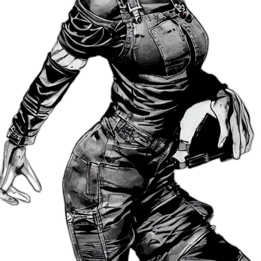 jacket, dress, weapon, robot, comic book art, concept art, cyberpunk, cartoon transparent PNG cut-out