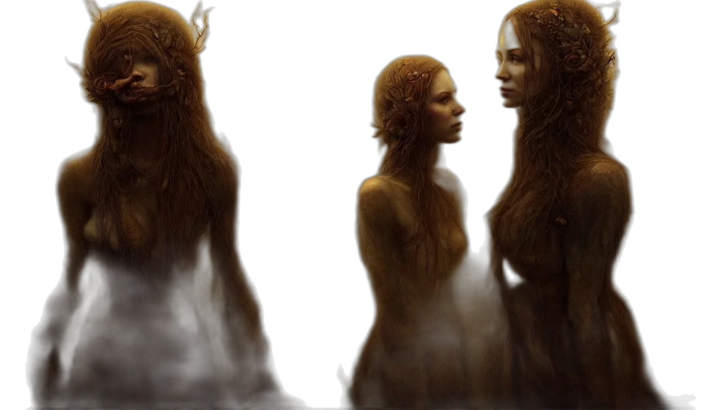 hair, creature, concept art, fantasy art, photorealistic, 3d render, fog, forest transparent PNG cut-out