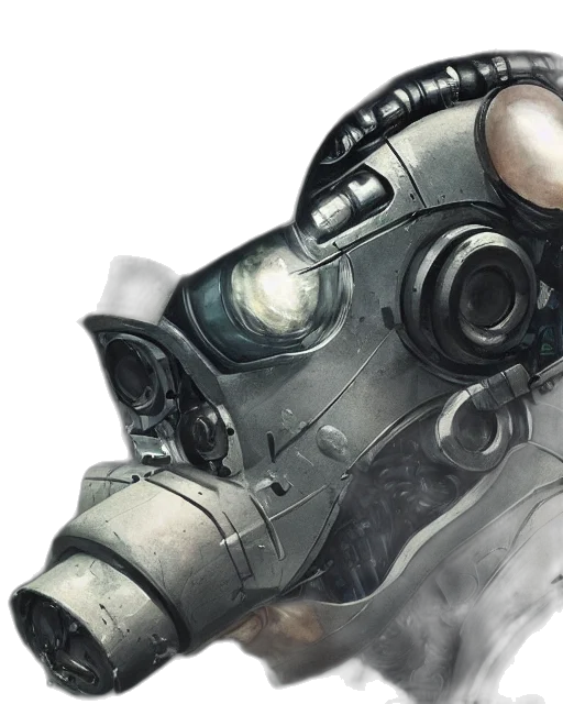 mask, robot, weapon, face, concept art, cyberpunk, photorealistic, 3d render transparent PNG cut-out