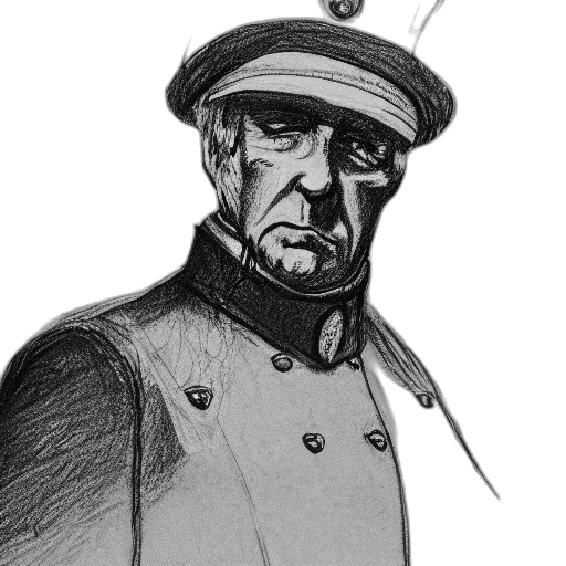 staff, hat, face, jacket, pencil sketch, concept art, comic book art, photorealistic transparent PNG cut-out