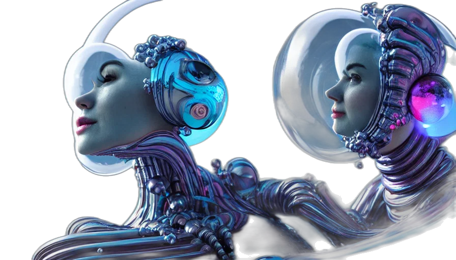 robot, concept art, cyberpunk, 3d render, fantasy art, outer space, blue, bubbles transparent PNG cut-out