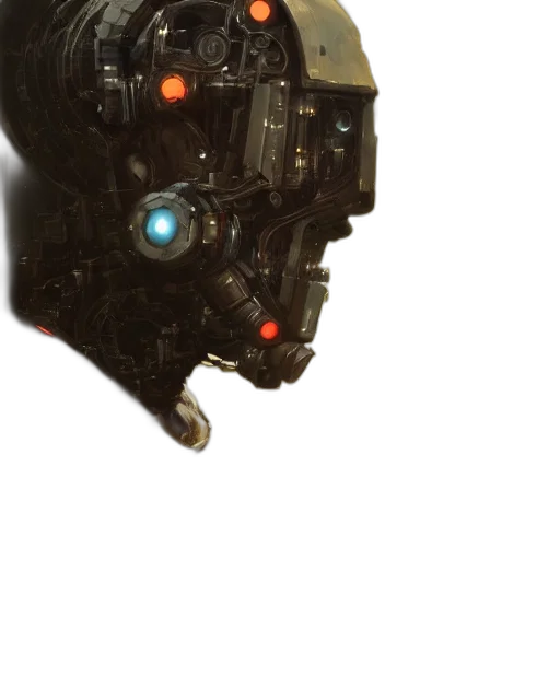 robot, mask, face, weapon, concept art, 3d render, cyberpunk, comic book art transparent PNG cut-out