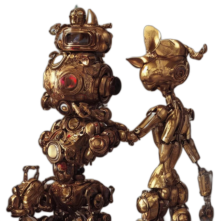 robot, weapon, staff, concept art, 3d render, fantasy art, pixel art, golden transparent PNG cut-out