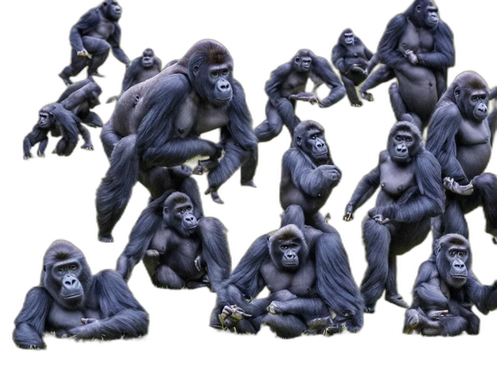 concept art, 3d render, photorealistic, gorillas, playing, soccer, game, vivid transparent PNG cut-out