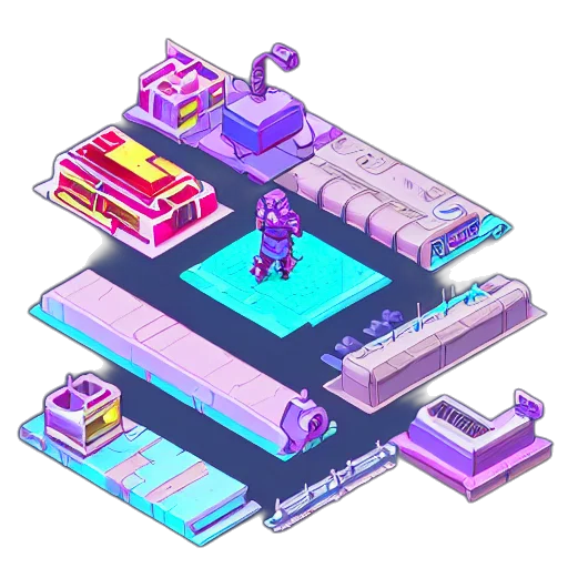robot, furniture, building, weapon, pixel art, vaporwave, 3d render, concept art transparent PNG cut-out