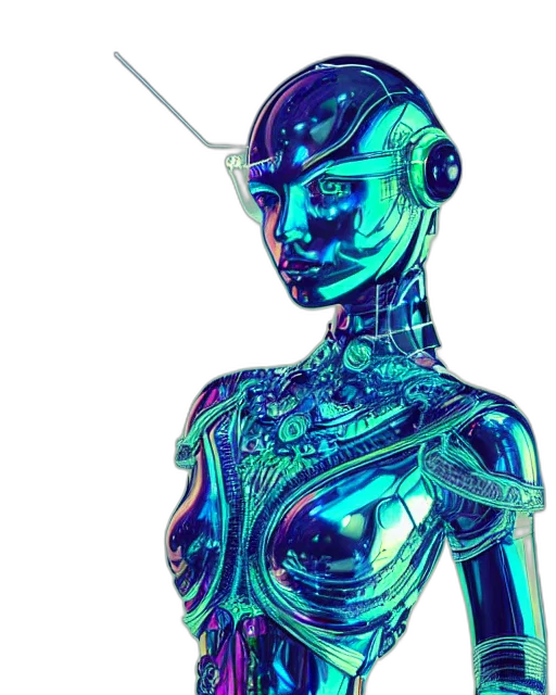 robot, staff, jewelry, dress, cyberpunk, vaporwave, concept art, pixel art transparent PNG cut-out