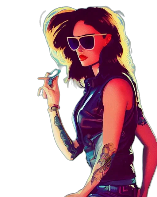 jacket, dress, comic book art, cartoon, concept art, cyberpunk, neon lights, fire transparent PNG cut-out