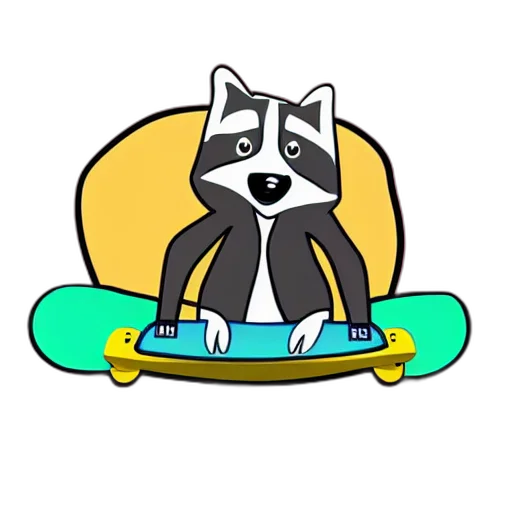 cartoon, concept art, pixel art, anime, illustration, raccoon, riding, skateboard transparent PNG cut-out