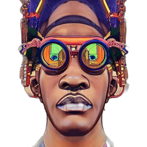 face, mask, crown, cartoon, comic book art, concept art, cyberpunk, colourful transparent PNG cut-out