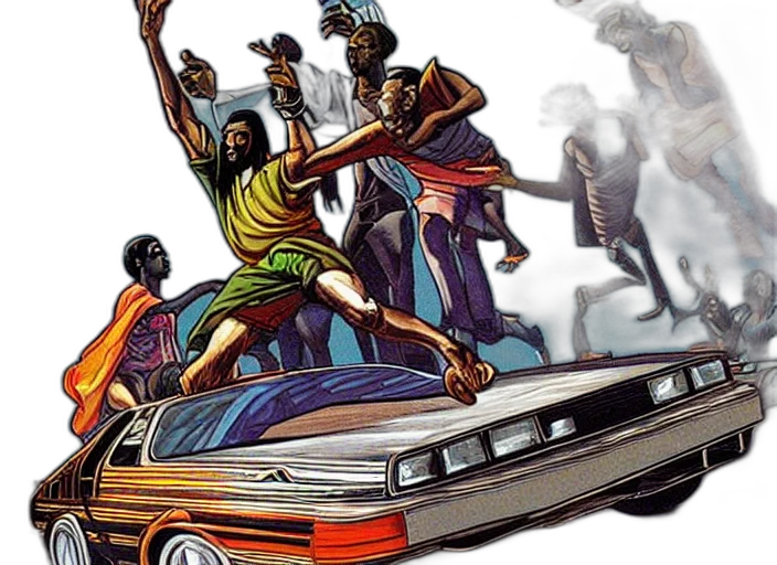 car, concept art, african, jesus, driving, hovering, delorean, city transparent PNG cut-out
