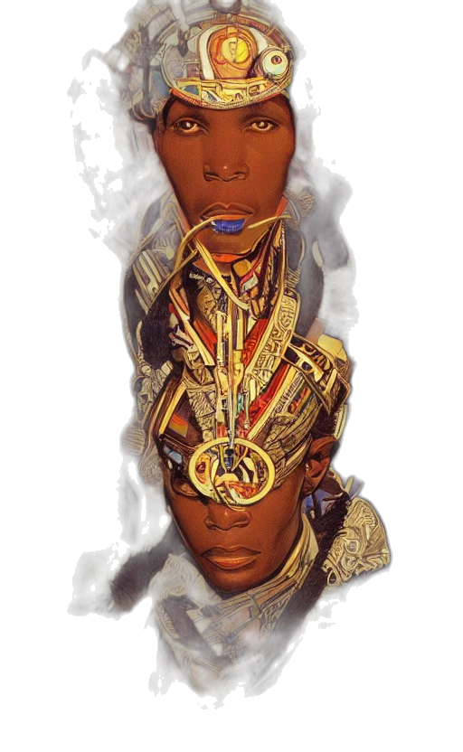 mask, crown, jewelry, robot, concept art, fantasy art, 3d render, comic book art transparent PNG cut-out