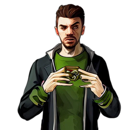 jacket, staff, face, pixel art, concept art, comic book art, cartoon, green transparent PNG cut-out