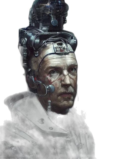 face, robot, staff, hat, cyberpunk, concept art, photorealistic, fantasy art transparent PNG cut-out