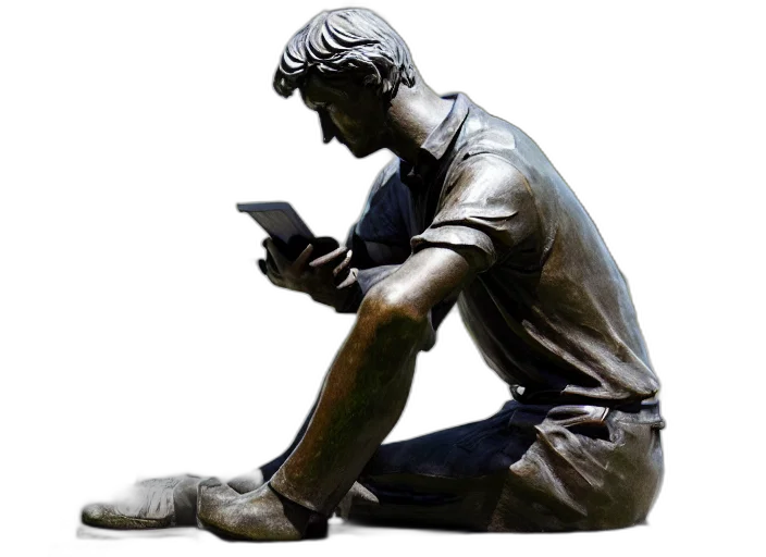 photo, still, bronze, statue, man, sitting, desktop, hunched transparent PNG cut-out