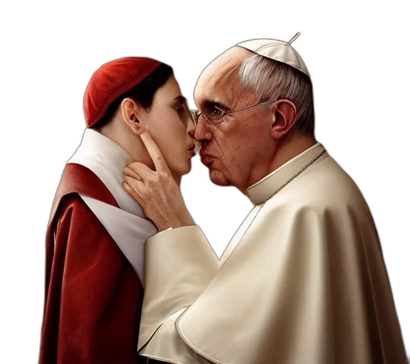 photorealistic, photography, pope, kissing, sensual, woman, bedroom, deep transparent PNG cut-out
