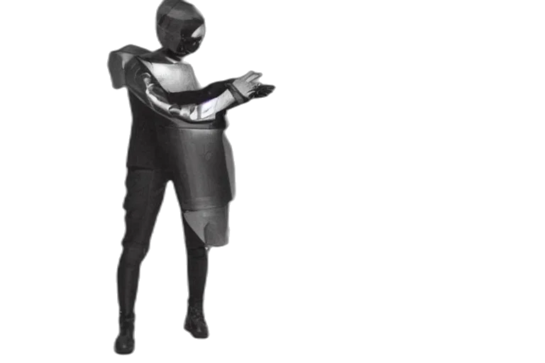 robot, mask, staff, jacket, 3d render, concept art, outer space, single transparent PNG cut-out