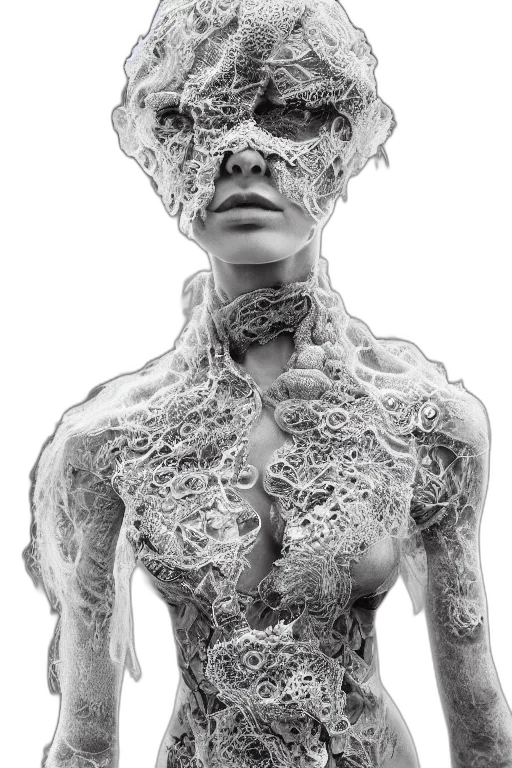 mask, dress, face, jewelry, cyberpunk, photorealistic, concept art, 3d render transparent PNG cut-out