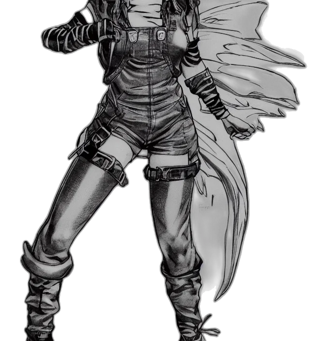 weapon, jacket, staff, sword, comic book art, concept art, cyberpunk, cartoon transparent PNG cut-out