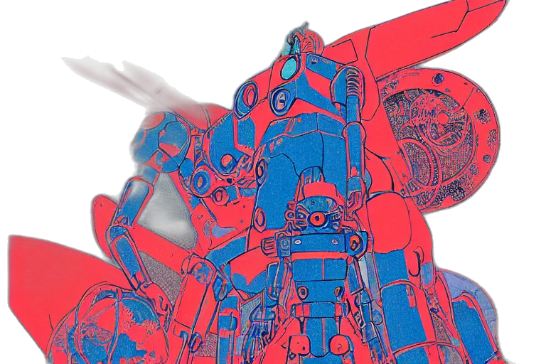 robot, weapon, concept art, 3d render, vaporwave, comic book art, outer space, red transparent PNG cut-out