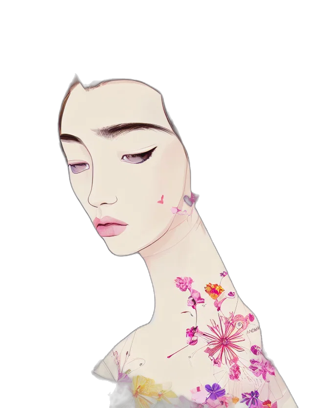 face, dress, flower, jewelry, watercolor, cartoon, photorealistic, fantasy art transparent PNG cut-out