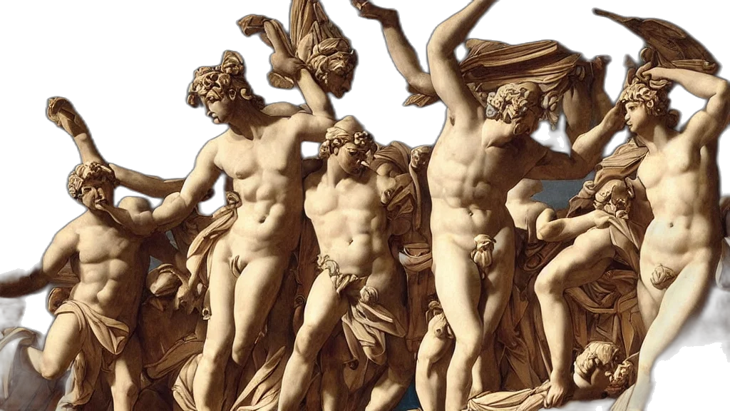 photorealistic, concept art, fire, ancient, greeks, neoclassicism, artwork transparent PNG cut-out