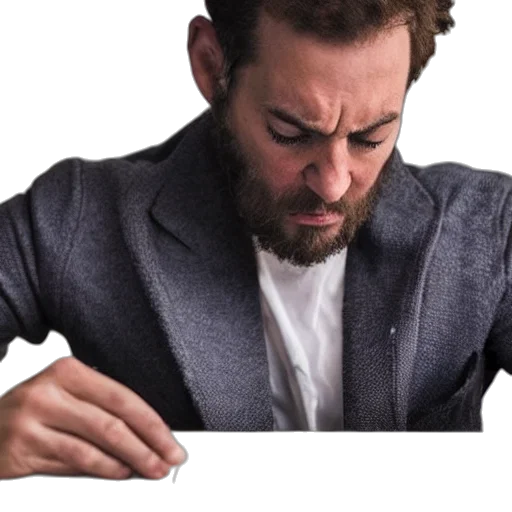 jacket, staff, face, hair, photorealistic, man, depressed, high transparent PNG cut-out