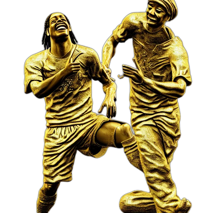 concept art, 3d render, golden, stoic, statue, ronaldinho, smiling, making transparent PNG cut-out