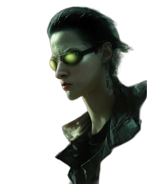 mask, jacket, face, cyberpunk, concept art, photorealistic, fantasy art, green transparent PNG cut-out