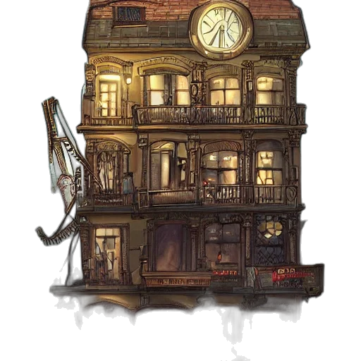 building, furniture, concept art, fantasy art, pixel art, watercolor, city street, fog transparent PNG cut-out