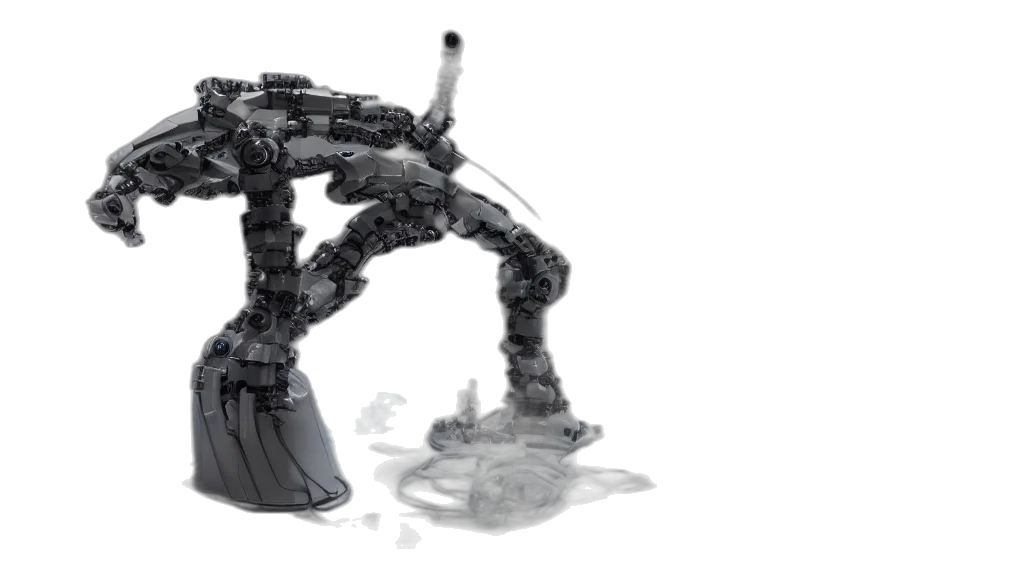 robot, weapon, 3d render, concept art, cyberpunk, underwater, monochrome, bladerunner transparent PNG cut-out