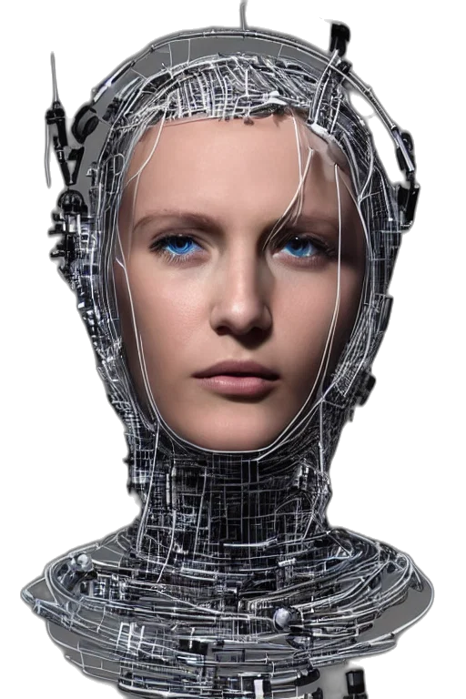 robot, face, mask, hair, cyberpunk, 3d render, photorealistic, concept art transparent PNG cut-out